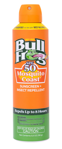 Orange can of Bull Frog Mosquito Coast sunscreen and insect repellent with green label.