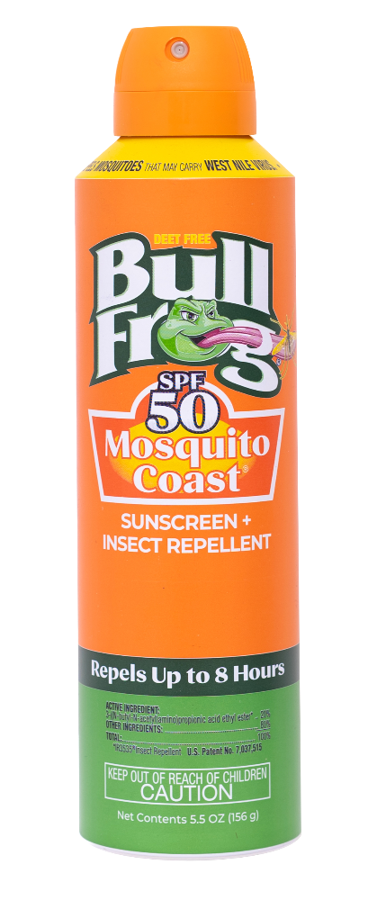 Orange can of Bull Frog Mosquito Coast sunscreen and insect repellent with green label.