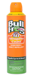 Orange can of Bull Frog Mosquito Coast sunscreen and insect repellent with green label.