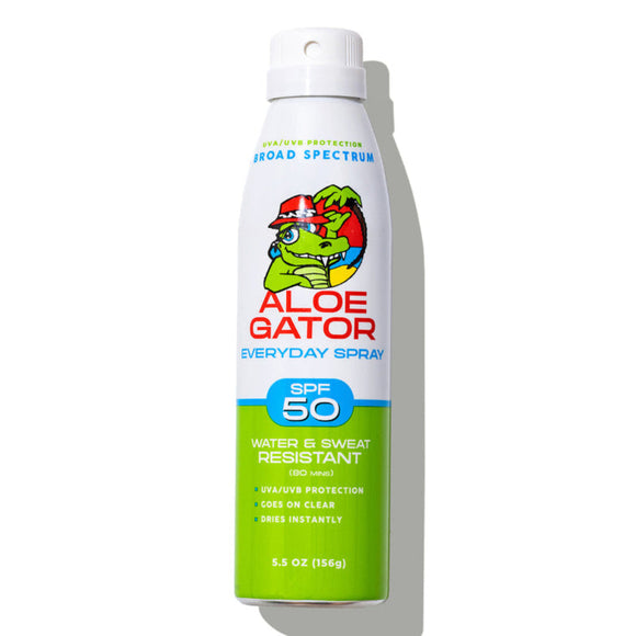 Aloe Gator sunscreen spray bottle on a white background