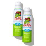 Two bottles of Aloe Gator sunscreen spray on a white background