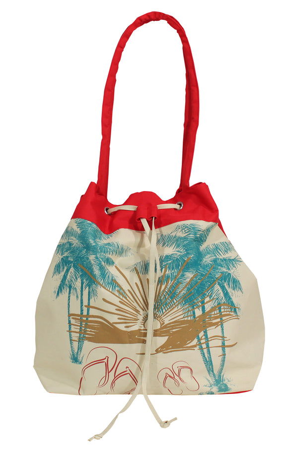Palm & Sandals Drawstring Tote - red