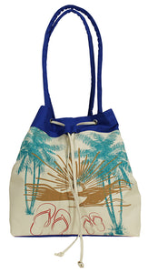 Palm & Sandals Drawstring Tote - blue